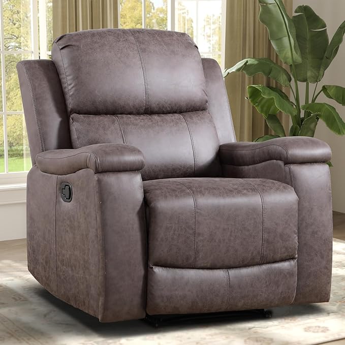 Leather Recliner Chair Manual Recliner Chair for Adults with Overstuffed Arms and Back Single Sofa Recliner with Cup Holders for Living Room (1 Grey)