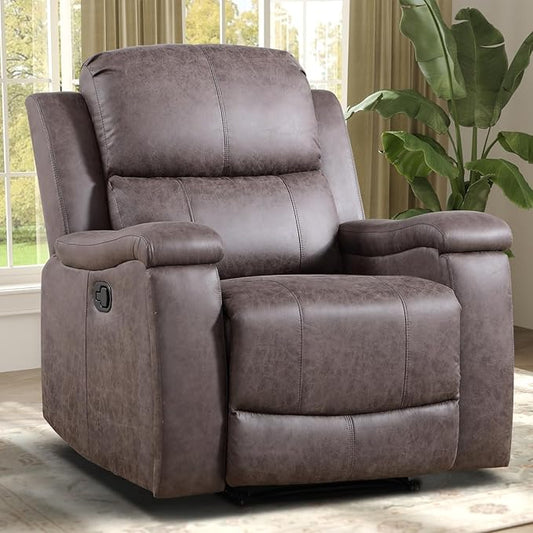Leather Recliner Chair Manual Recliner Chair for Adults with Overstuffed Arms and Back Single Sofa Recliner with Cup Holders for Living Room (1 Grey)