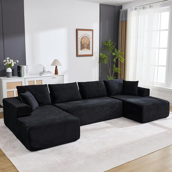 Boneless Couch U Shaped Sectional 130'' Modern Modular Cloud Couch with 2 Chaise Lounge 4-Seat Corduroy Deep Seat Sofa with Pillows for Living Room