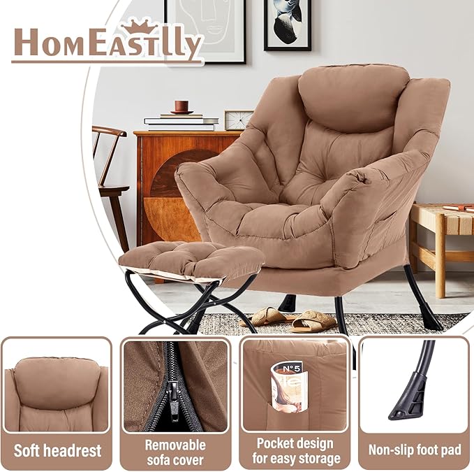 Lazy Chair with Ottoman Large Khaki Accent Chair with Ottoman Comfy Reading Armchair Leisure Sofa Chair for Living Room Bedroom Dorm Room Office
