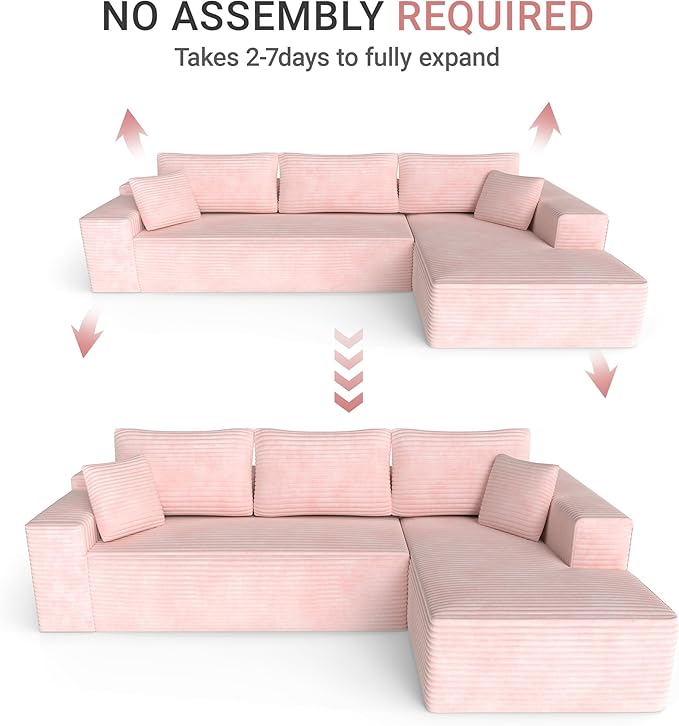 104 Cloud Sectional Sofa with L-Shaped Chaise Plush Corduroy FabricModern Modular CouchUpholstered Deep Seat for Living Room BedroomNo Assembly Required 3-Seater (Right Facing Chaise) Pink