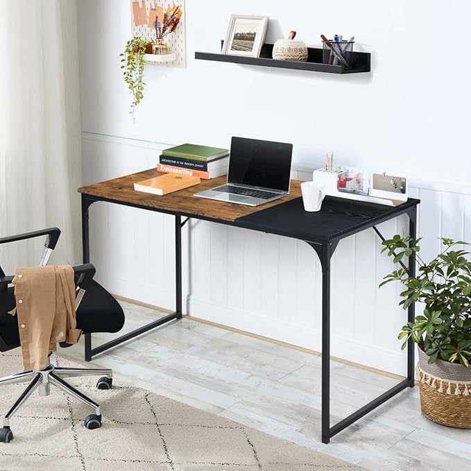 FurnitureR 47.2IN Vintage Computer Desk Modern Simple PC Laptop Table with Wood Top Metal Frame for Home Office Study Room Living Room Brown and Black