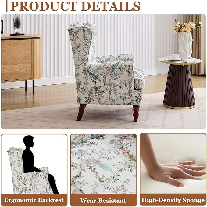 Modern Floral Accent Chair Upholstered Armchair Wingback Chair with Wooden Legs Single Sofa Reading Chair Accent Chairs for Living Room Bedroom Office (Antique Blue)