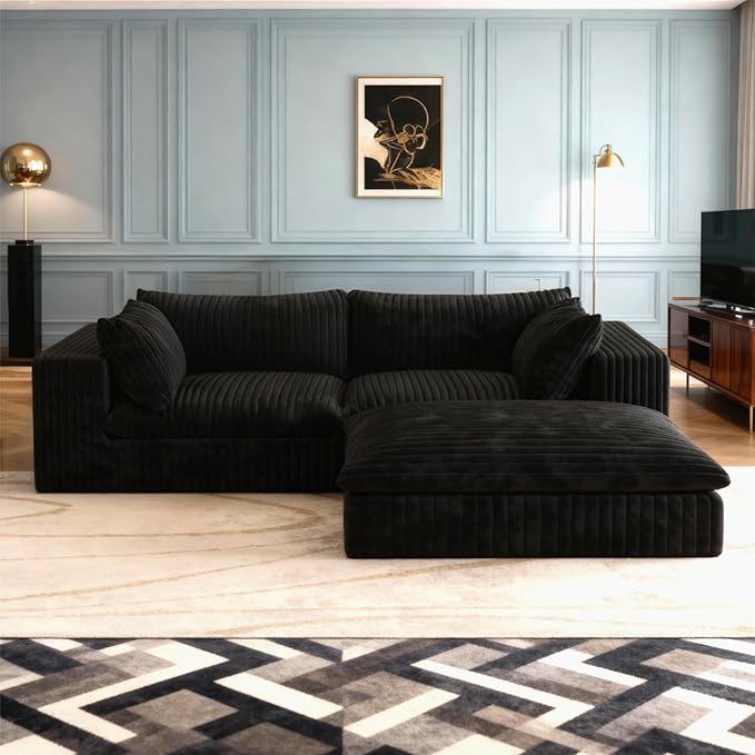 78.8 Corduroy Cloud Loveseat Sofa with Ottoman L Shaped Modular Sectional Couch with Removable Cushion No Assembly Required Deep Seat Boneless Couches for Living Room (Black &amp 1 Ottoman)