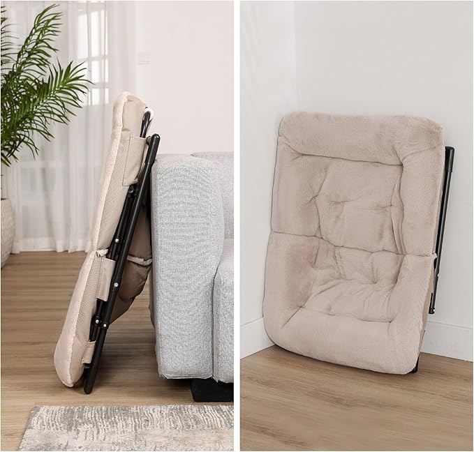 Comfy Saucer Chair for Adults Soft Faux Fur Bedroom Chair with Ottoman Accent Dorm Chairs Living Room Reading Chairs and Footstool Folding Seat for Teens X-Large Light Khaki