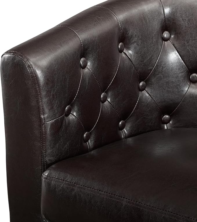 Naomi Home Emma Faux Leather Armchair Modern Tufted Barrel Accent Chair with Wooden Legs Wide Seat &amp Supportive Back for Living Room Bedroom or Office - Espresso
