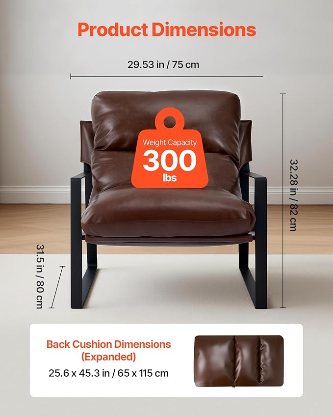 VEVOR Accent Chair Modern PU Leather Armchair Cozy Upholstered Chair with Soft Foam Cushioning Sturdy Metal Frame and Detachable Cushion for Living Room Bedroom Reading Room Office Brown