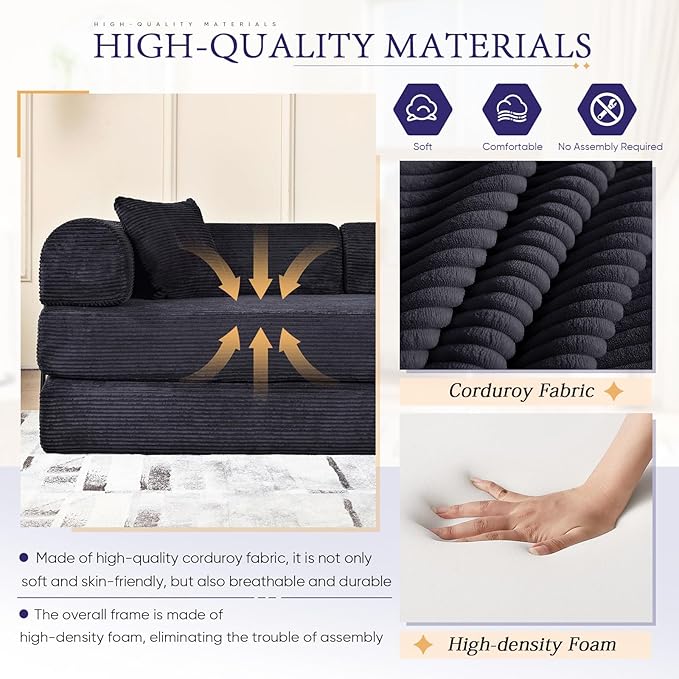 Convertible Folding Sofa Bed Corduroy Sleeper Mattress Couch with Fixed-Shape Frame Free Combination Loveseat Lounge Floor Sofa Queen Size Memory Foam Couch for Living Room Bedroom Black