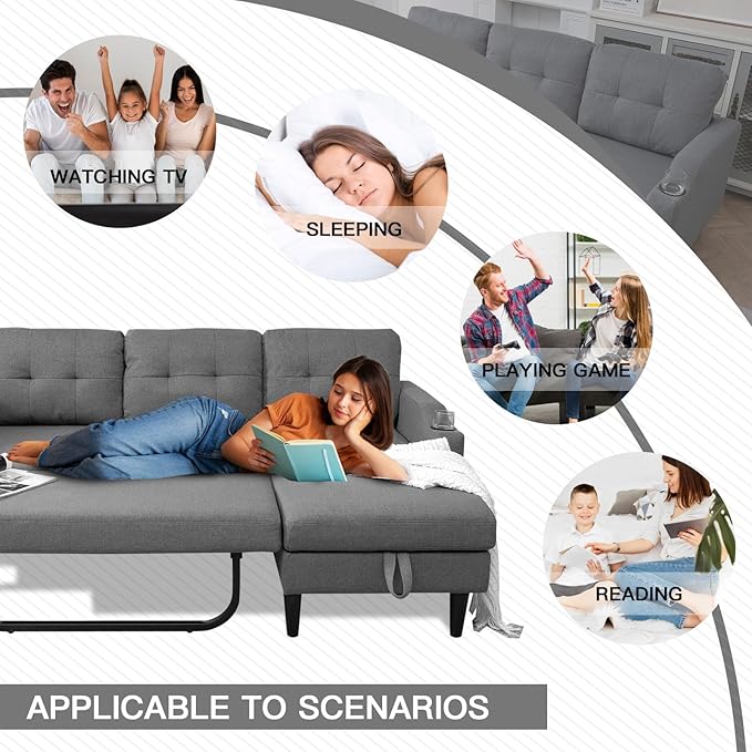Convertible Sleeper Pull Out Couch Bed with Storage Chaise Linen Upholstered Sectional L-Shape Apartment Couch Pullout Sofa Bed with Side Pocket and Cup Holder Removable Backrest (Gray)