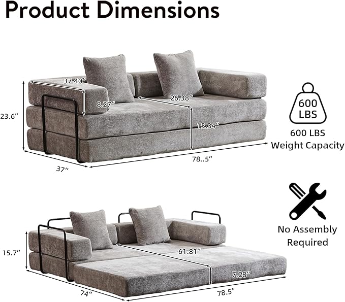 Folding Sofa Bed Convertible Sleeper Sofa Chenille Floor Couch with Pillows Fold Out Couch King Size Bed Futon  Foldable Memory Foam Mattress for Living Room Bedroom Playroom (Light Grey)