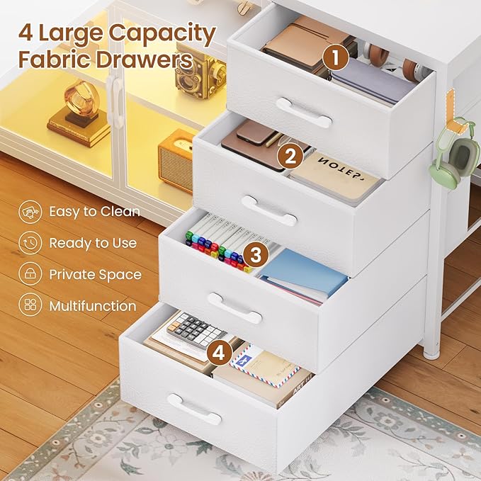 SEDETA L Shaped Gaming Desk 63 Lx27.6 W Computer Desk with 4 Drawers &amp Display Cabinet Executive Office Desk with Storage Shelves &amp LED Light for Home Office White