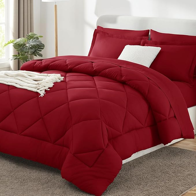 CozyLux Queen Comforter Set Dark Red - Bed in a Bag Queen Size 7 Pieces Luxury Soft Bed Set for All Seasons Bedding Set with Down Alternative Comforter Sheets Pillowcases &amp Shams