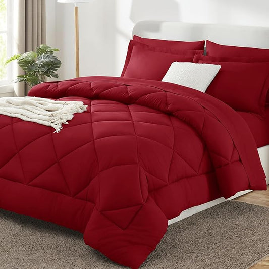 CozyLux Queen Comforter Set Dark Red - Bed in a Bag Queen Size 7 Pieces Luxury Soft Bed Set for All Seasons Bedding Set with Down Alternative Comforter Sheets Pillowcases &amp Shams
