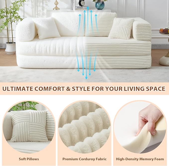 All-in-1 Folding Convertible Sofa Bed Boneless Futon Floor Couch Corduroy Fold Out Modular Lounge Comfy Loveseat Sleeper Lazy Cama for Living Room Bedroom Guestroom Beige（Wide Stripes）