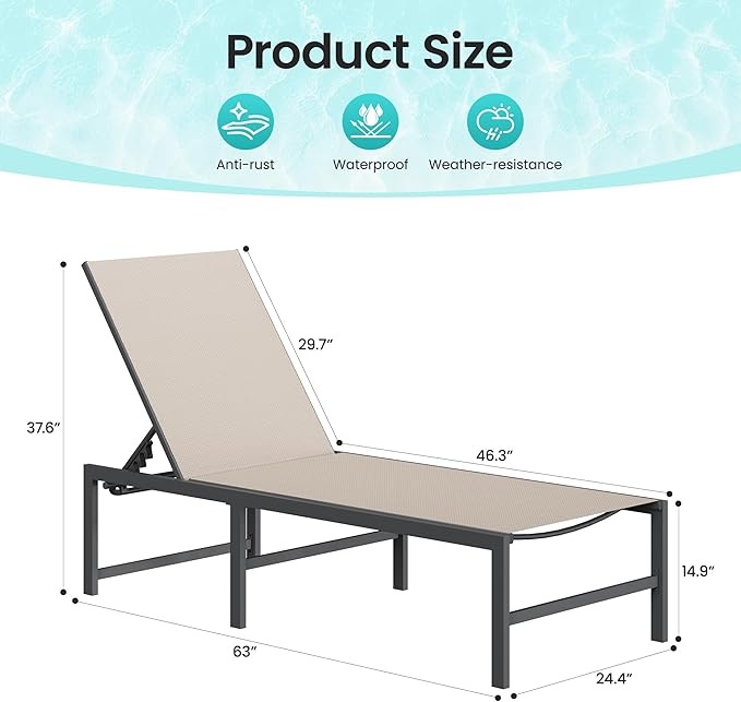 Amopatio Outdoor Patio Lounge Chair Adjustable Heavy-Duty Chaise Lounge for Poolside Weather Resistant Pool Lounge Furniture Set with Table for Backyard Beach 400 LBS Capacity(Khaki)
