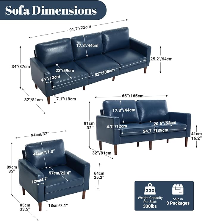 Kingfun Faux Leather Sofa with Loveseat and Chair 2 &amp 3 Seater Couch Mid Century Modern Couches with Solid Wood Legs for Living Room &amp Bedroom Navy Blue