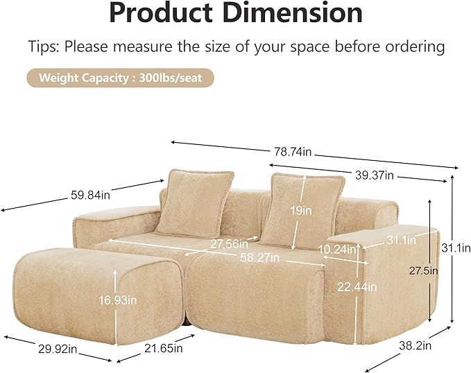 KEIKI 2Seat Modular Boneless Velvet Sofa Couch for Casual Home Bedroom Studio Style Conscious Homeowners Luxurious Elegant Sophisticated Refined Design Stylish Design Light Camel