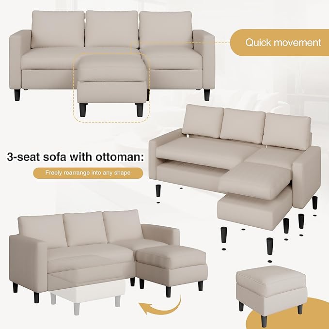 JAMFLY 3-Seat Convertible L-Shaped Sectional Sofa with Reversible Ottoman Upholstered Fabric Couch for Small Living Rooms Modern Modular Couch for Apartment Studio &amp Loft Beige