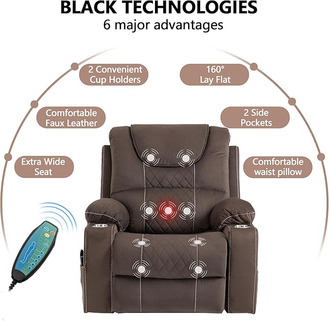 Large Power Lift Recliner Chair Sofa with Massage and Heat for Big and Tall ElderlyInfinite PositionsSingle MotorCup Holdersand USB PortsVelvet Home Theater Seat