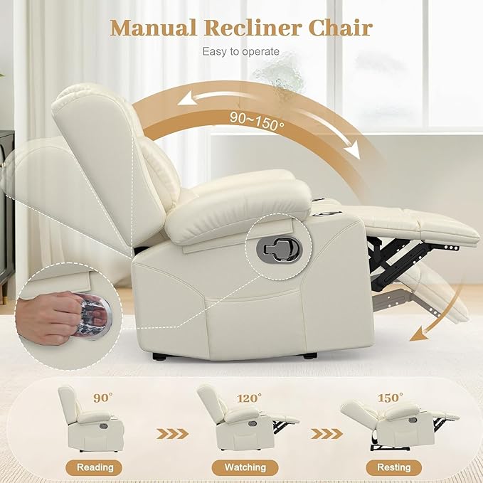 Recliner Chair Oversized Manual Reclining Chair for Adults Single Reclining Sofa with Cup Holder &amp Pocket Lounge Recliner for Living Room Home Theater Seating RV Chairs