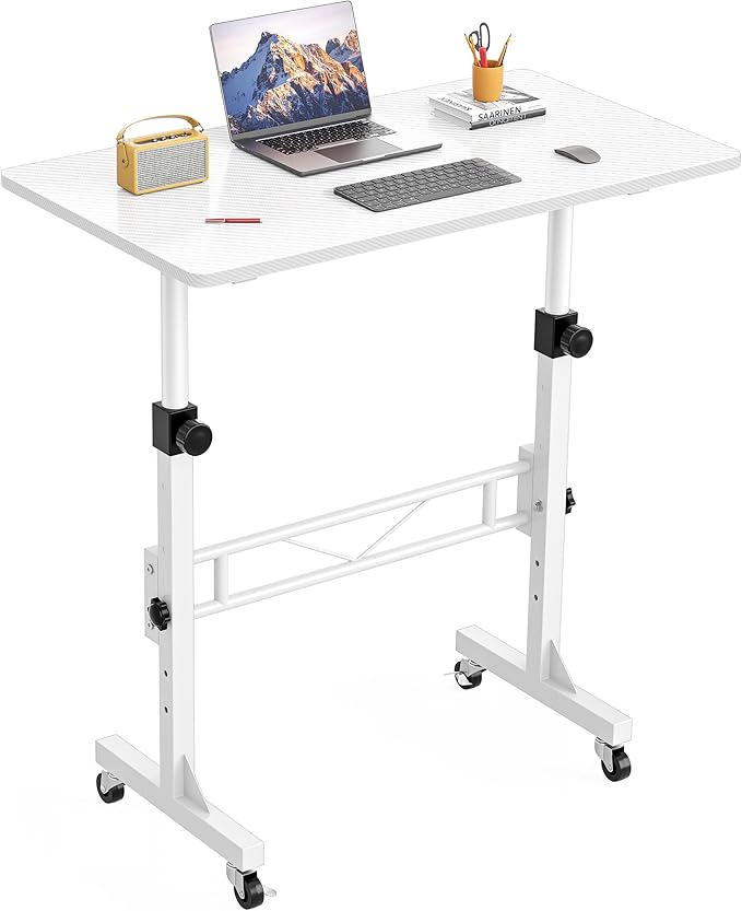 HOMIDEC Standing Desk 32 Inch Portable Small Desk Adjustable Height Rolling Home Office Desks with Wheels Sit Stand Desk for Bedroom Walking Pad Home Office Small Space White