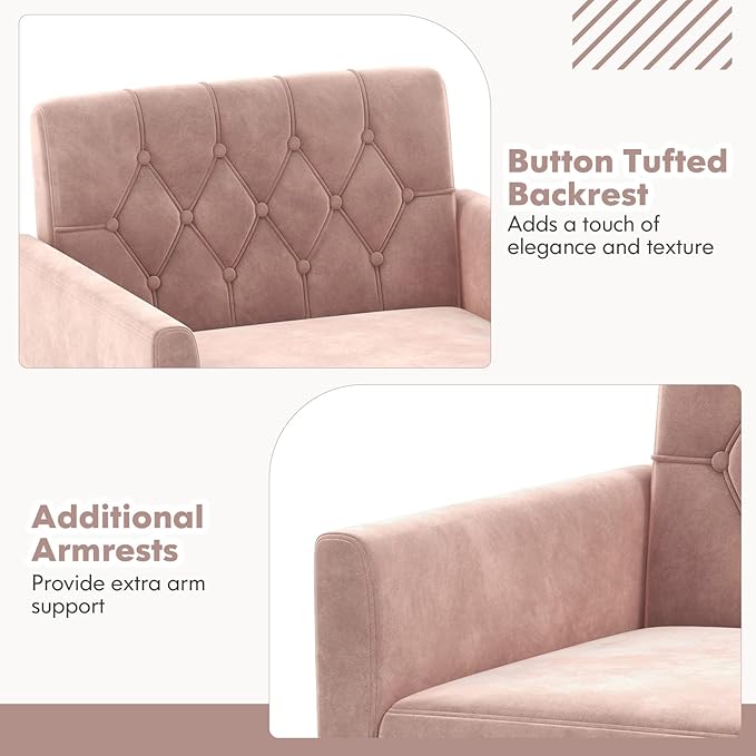 KOMFOTT Velvet Accent Chair Modern Tufted Armchair with Golden Metal Legs &amp Adjustable Foot Pads Upholstered Sofa Reading &amp Living Room Chair Pink