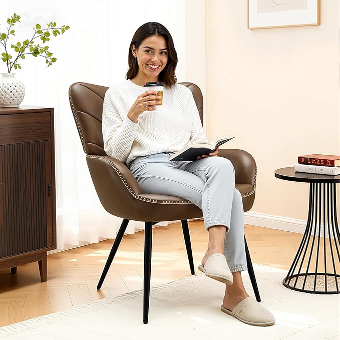 Modern Mid-Century Faux Leather Accent Chair Upholstered Armchair with Curved Backrest Sturdy Metal Base Living Room Bedroom &amp Reading NookBrown
