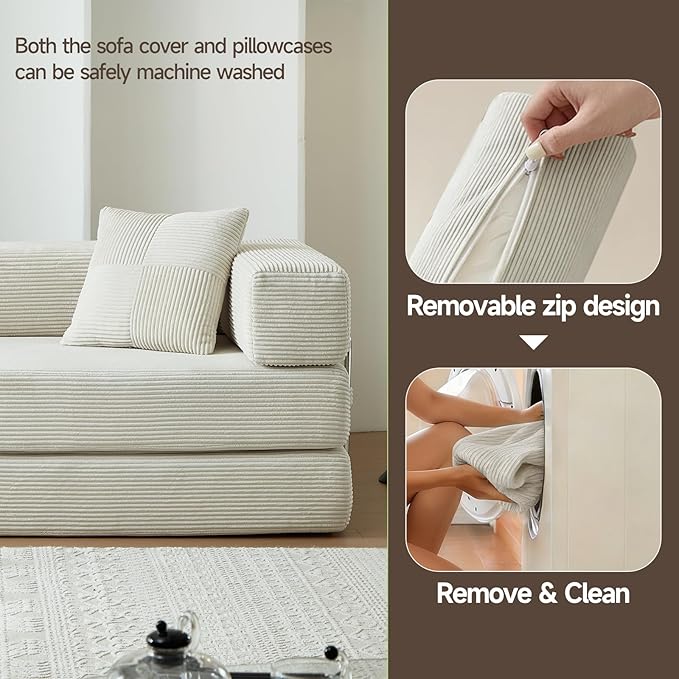 79 Boneless Sofa Bed 5-in-1 No-Assembly Convertible Sleeper Couch with Fixed Frame Armrests Modular Corduroy Futon Compressed in a Box for Space Saving (Beige Includes 2 Pillows)