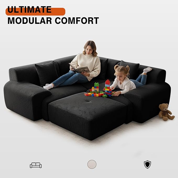120 Modular Boneless Couch Cloud Couch Sectional Couches for Living Room with Ottoman Modern L-Shaped Modular Sectional Sofa with Deep Seat Corduroy 3-Seater Sleeper Sofas for Living Room (Black)