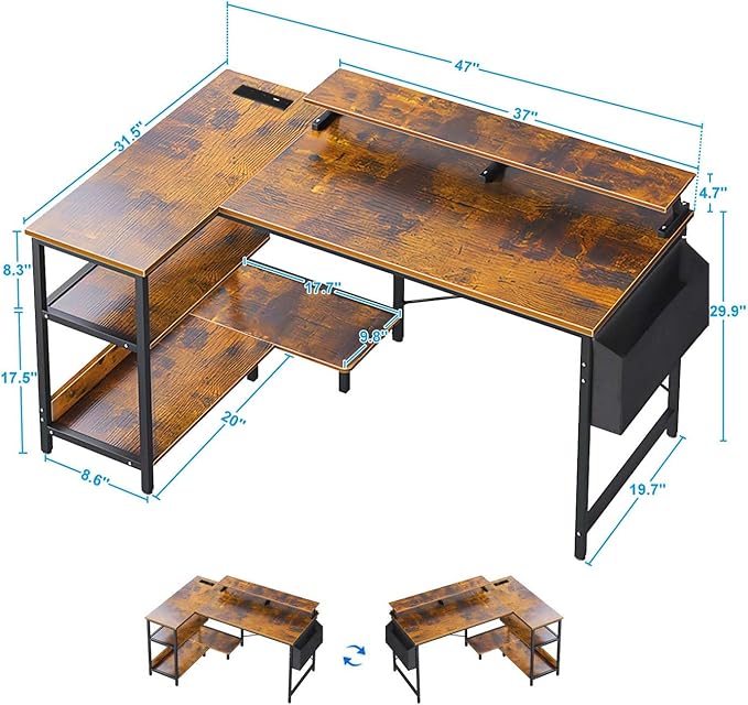 47'' Home Office Desks Corner Gaming Desks with Power Outlets Black Brown Reversible L Shaped Computer Desk with Monitor Stand Storage Shelves and Side Bag for Home Office Bedroom Small Space