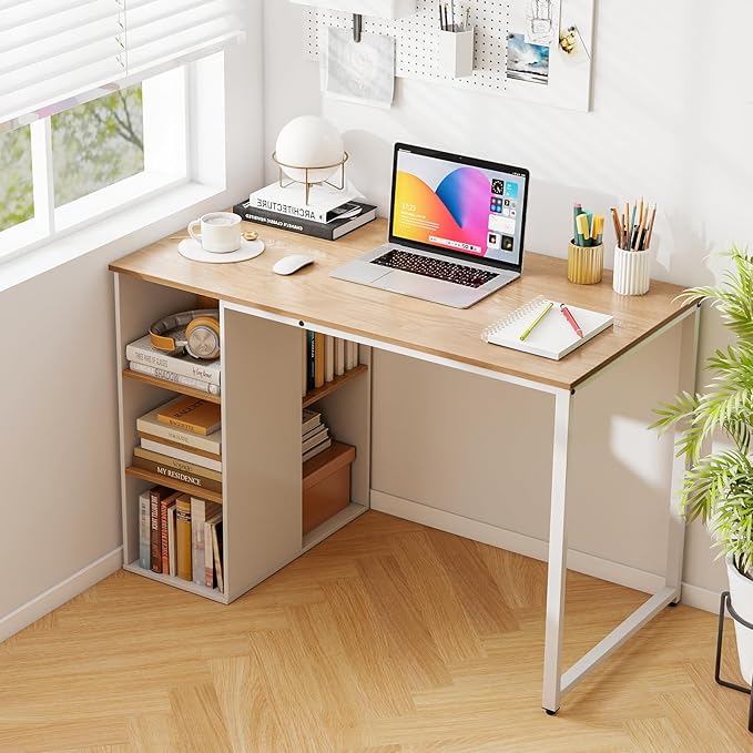 Tangkula Computer Desk with Storage Shelves Home Office Desk with 5 Side Shelves &amp Metal Frame Space Saving Laptop PC Desk Writing Study Desk Modern Vanity Desk for Bedroom (Natural)