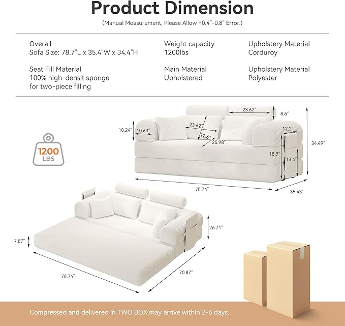 79'' Upgrade High Backrest Sofa Bed with Fixed Frame Removable Armrests &amp Backrest Corduroy Fabric Convertible Couch for Small Spaces No Assembly Needed (High Backrest Beige White)