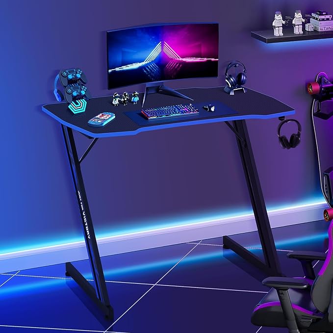 Gaming Desk 39 Inch Z-Shaped Computer Desk Modern Ergonomic PC Computer Table Home Office Desk Racing Style Gaming Workstation with Headphone Hook Blue