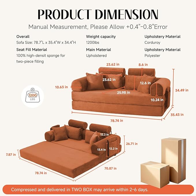 Upgrade Sofa Bed Convertible Mattress Couch for Small Spaces with High Backrest Design Fixed-Shape Frame &amp Removable Armrests and Backrest 2 Corduroy Pillow No Assembly Orange