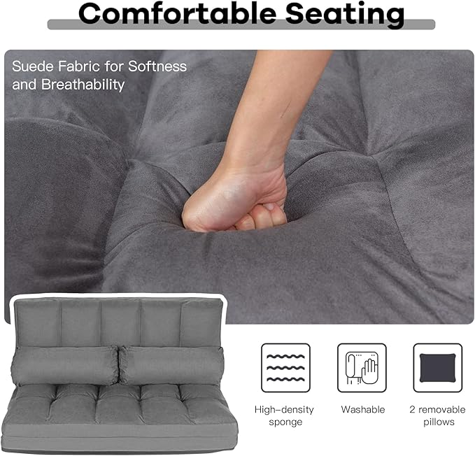 COSTWAY Floor Sofa Couch with 2 Pillows Foldable 6-Position Adjustable Lazy Sofa Bed Sleeper with Metal Frame Soft Suede Fabric Gaming Playing Lounge Recliner for Adults (Grey)