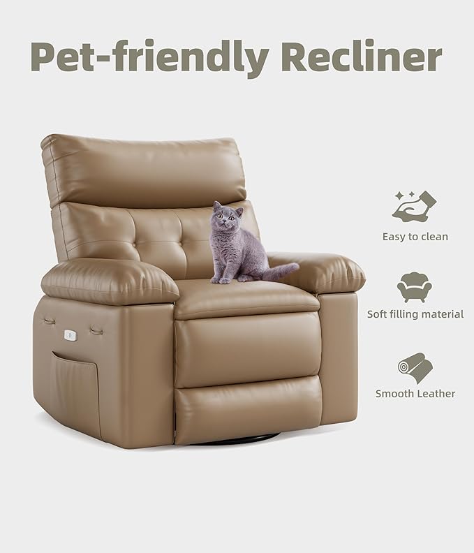 GarveeHome Electric Power Recliner Chair - PU Leather Swivel Rocker with Massage &amp Heat 270° Rotation Side Pocket &amp Remote Control - Compact 21 in Wide Motorized Glider for Living Room Nurs