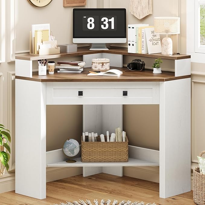 Corner Desk Triangle Computer Desk Home Office Workstation with Drawer and Monitor Stand for Small Spaces Farmhouse Corner Vanity Table for Bedroom Study Living Room (Rustic White and Brown)
