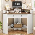 Corner Desk Triangle Computer Desk Home Office Workstation with Drawer and Monitor Stand for Small Spaces Farmhouse Corner Vanity Table for Bedroom Study Living Room (Rustic White and Brown)