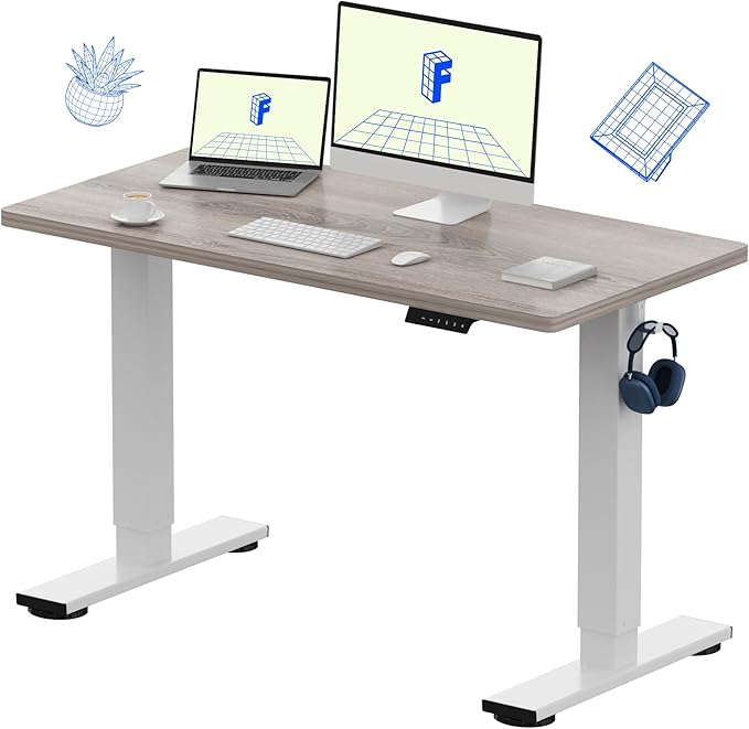 FLEXISPOT EN1 One-Piece Standing Desk with 1-Inch Thick Seamless Desktop 48x24 Electric Height Adjustable Desk for Home Office Multi-Monitor Setups &amp Easy Assembly Gray Wood