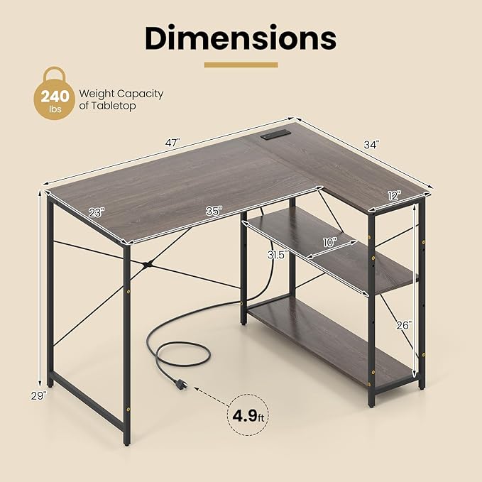 Tangkula L-Shaped Computer Desk with Reversible Shelves 48 Inch Corner Computer Desk Modern Writing Study Desk Home Office Workstation Space Saving Design (48 Inch Gray)