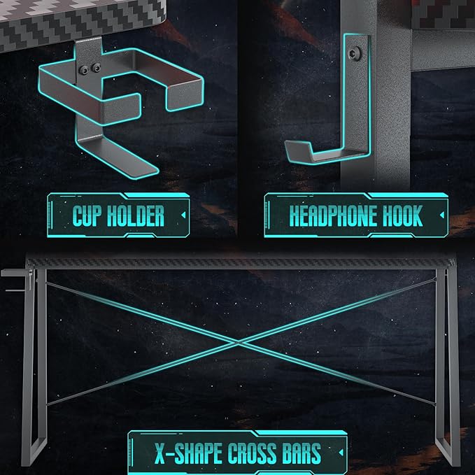 Gaming Desk with Hutch and LED Lights Gaming Computer Desk with Power Outlets Gamer Desk with Storage Shelves PC Game Desks with Pegboards for Bedroom Carbon Fiber Black 49