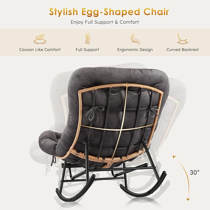GarveeHome Indoor Papasan Rocking Chair Rattan Rocker with Extendable Footrest &amp Detachable Flannel Cushion 352lbs Sturdy Large Reading Lounge for Indoor Bedroom Living Room Dark Grey
