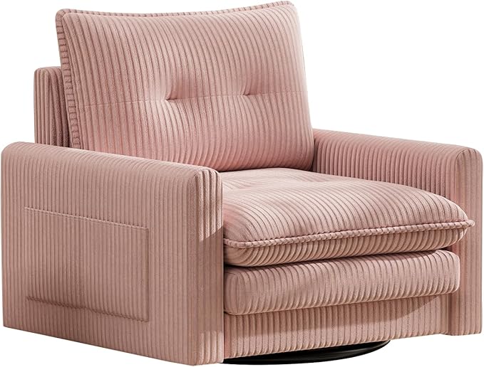 Cozy Swivel Accent Chair Modern Oversized Single Sofa with Armrest Comfy Upholstered Armchair Sofa Large Corduroy Accent Chair for Living Room Bedroom Reading Room Pink