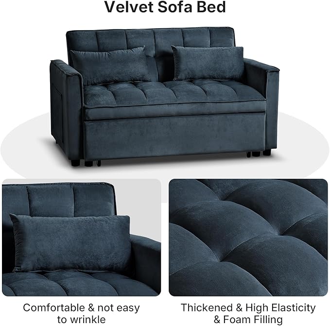 Rovibek 3 in 1 Sleeper Sofa Bed 53'' Pull Out Couch Convertible Futon Loveseat with Adjustable Backrest Velvet Sleeper Chaise Lounge Futon for Apartment Office Small Space Black