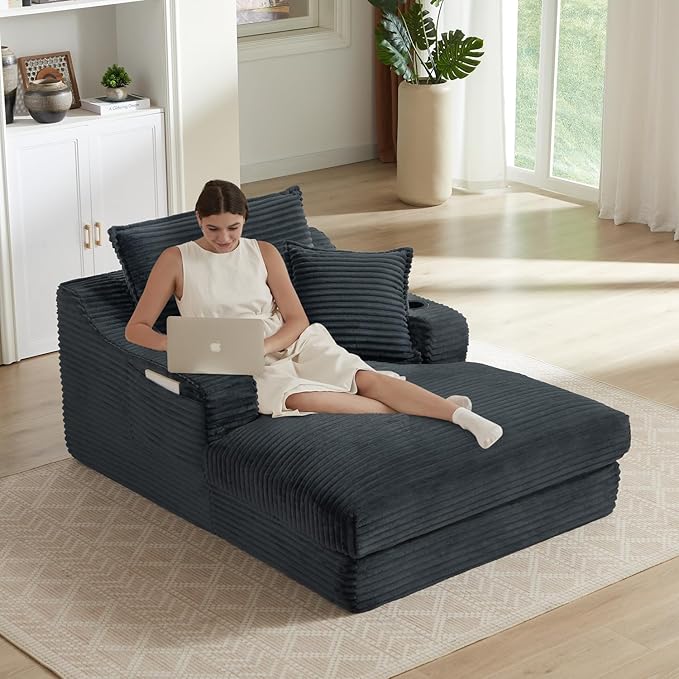 67.7 Oversized Chaise Lounge Chair Indoor Modern Corduroy Single Sleeper Couch Chair with 3 Soft Pillows＆Cup Holder Boneless Cloud Couch Single Seat Sofa for Living Room Bedroom (Dark Gray)