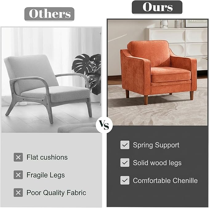 Kingfun Accent Chair Living Room Chairs Mid Century Reading Armchair Chenille with Solid Wood Foot Upholstered Modern Decor for Bedroom Apartment Orange