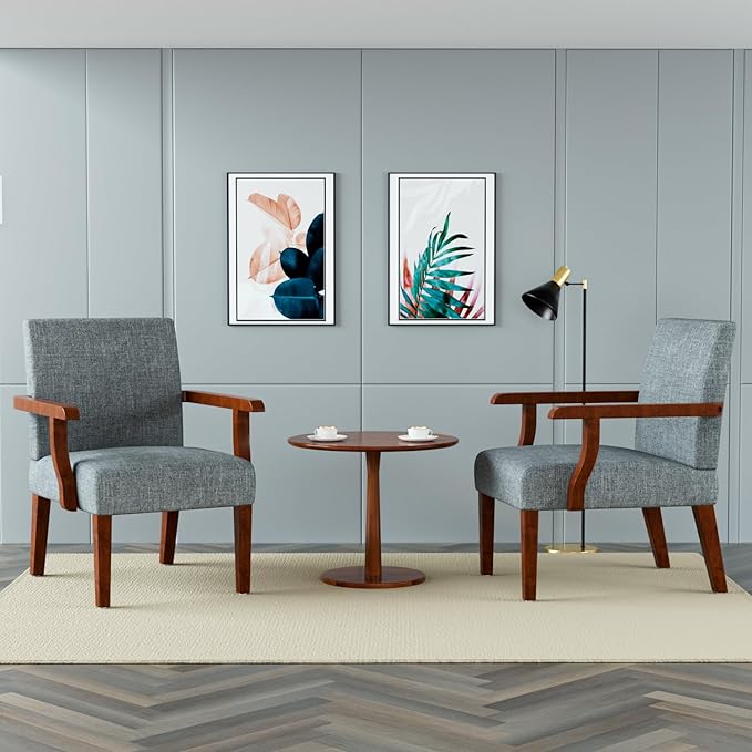 2PCS Accent Chairs with Table Set Fabric Upholstered Modern Accent Armchair Wood Frame Wide Corner Chair with Round Side Table for Small Space (Grey)