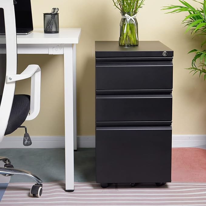 3-Drawer 15.4 W Classic File Cabinet with Lock Metal Filling Cabinets Suits Legal/Letter Size for Home Office Fully Assembled Except Wheels Grey (3-Drawer Widen Black)