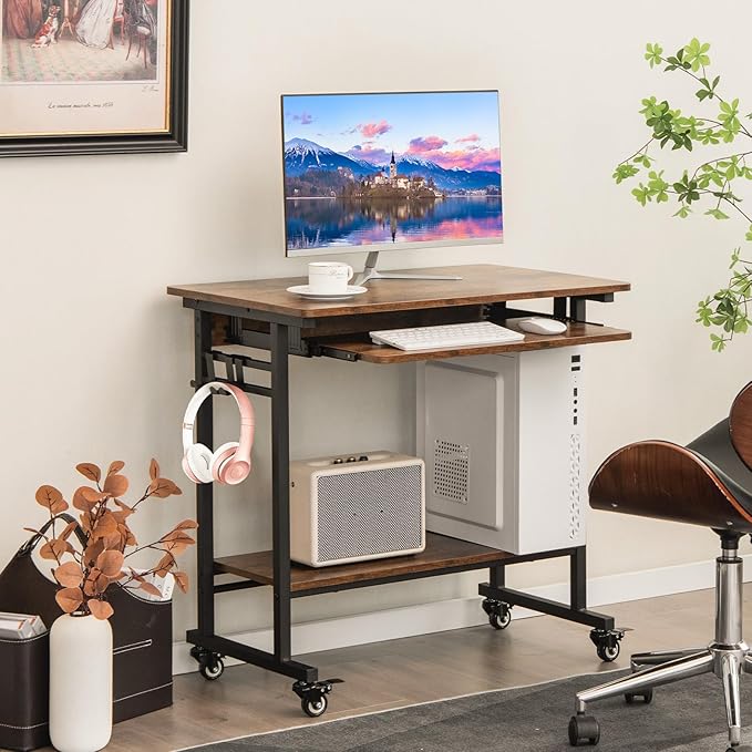 Portable Computer Desk Rolling Laptop Cart with Shelf &amp Hooks Small Home Office Desk for Small Spaces Study Table with Wheels