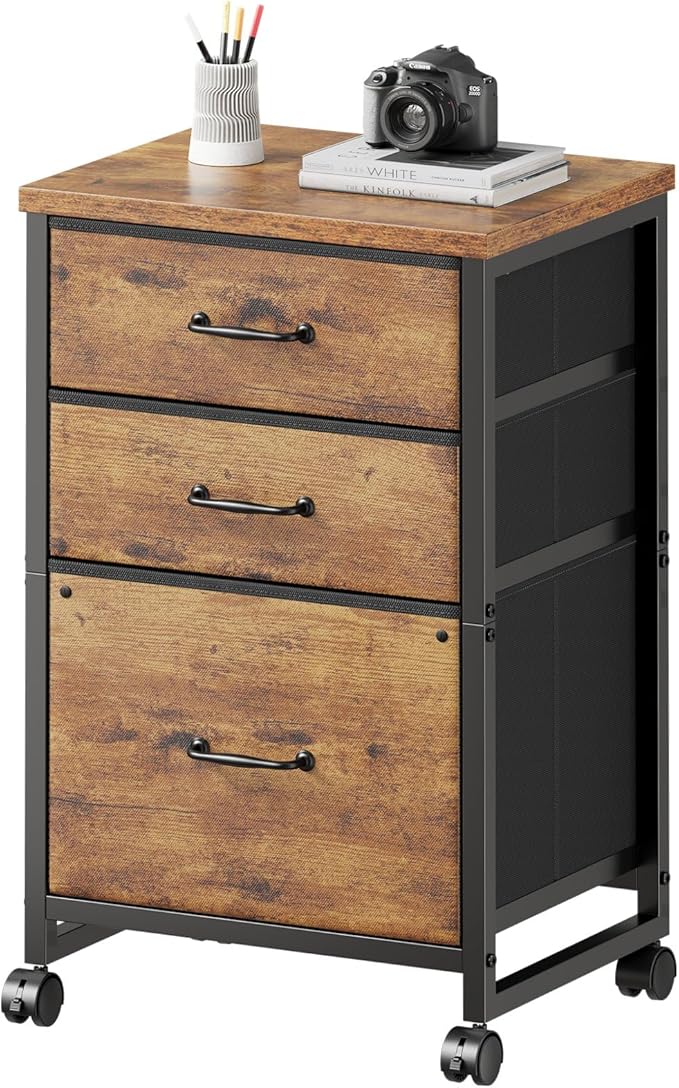 3 Drawer Mobile File Cabinet with Wheels Fabric Vertical Filing Cabinet fits A4 or Letter Size for Home OfficeRustic Brown2